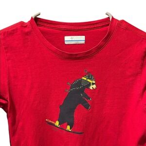 Columbia Kids Red Snowboarding Bear Graphic Long Sleeve Tee Shirt Large 14/16